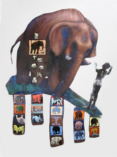 Man Measuring Himself against Elephant